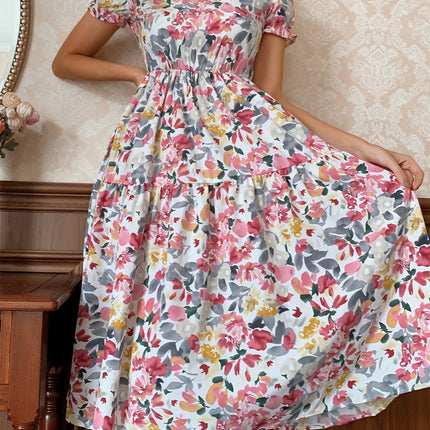 Floral Round Neck Short Sleeve Midi Dress