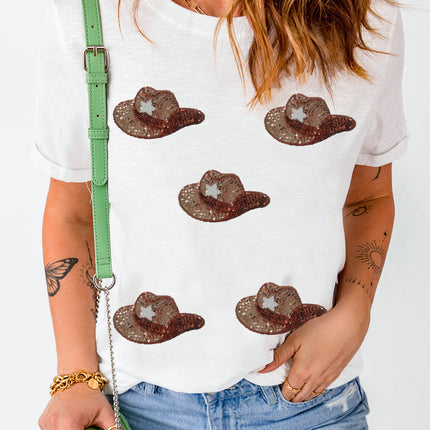 Sequin Hat Round Neck Short Sleeve T-Shirt