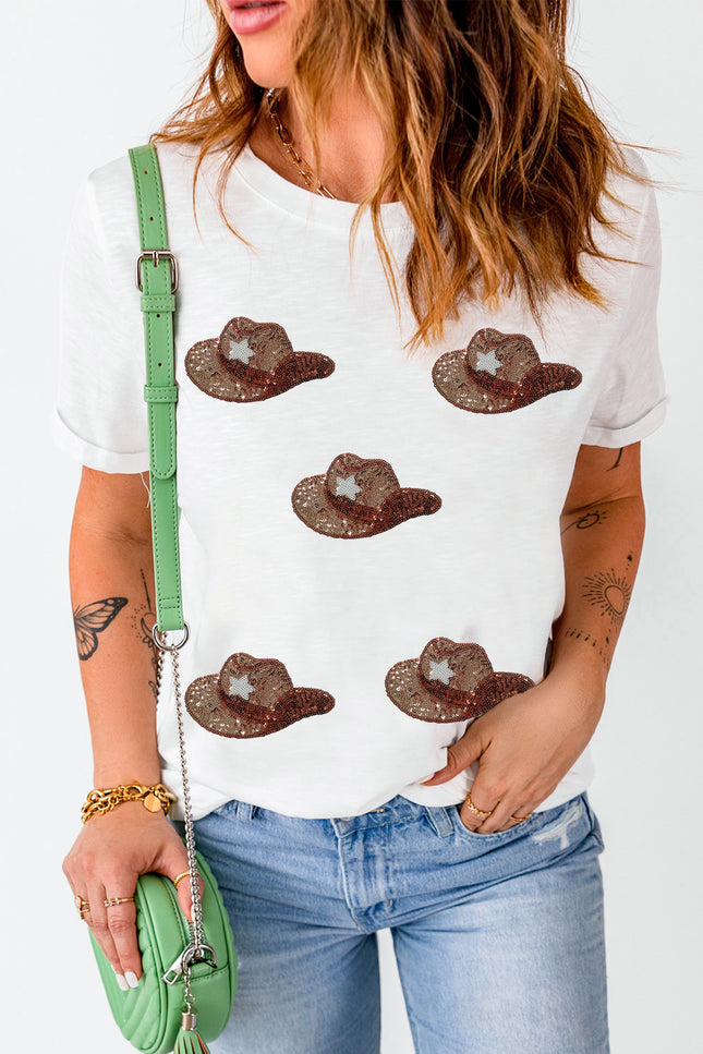 Sequin Hat Round Neck Short Sleeve T-Shirt