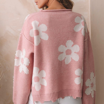 Pearl Trim Flower Round Neck Sweater