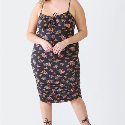 Blue Leopard Plus Size Ruched Floral Square Neck Cami Dress