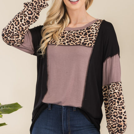 Celeste Full Size Leopard Color Block Exposed Seam T-Shirt