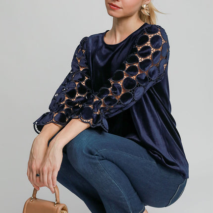 Umgee Polka Dot Lace Long Sleeve Round Neck Blouse