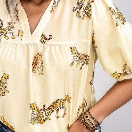 Plus Size Tiger Printed Notched Blouse