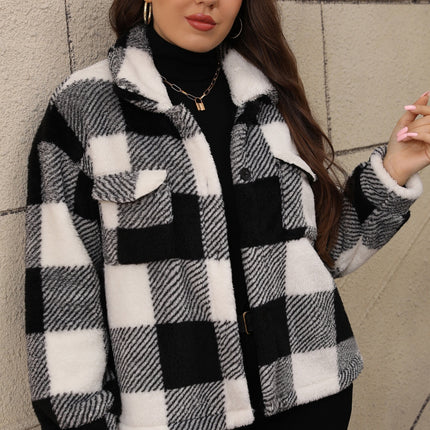 Plus Size Pocketed Plaid Collared Neck Jacket