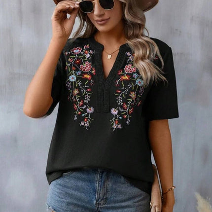 Embroidered Notched Short Sleeve T-Shirt