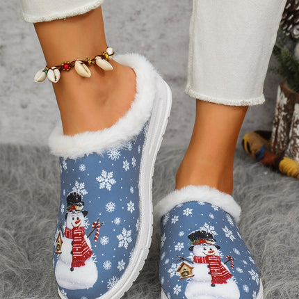 Snowman Print Flat Slippers with Faux Fur