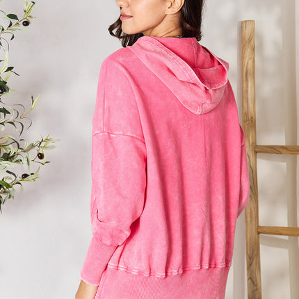 Zenana Half Snap Long Sleeve Hoodie with Pockets