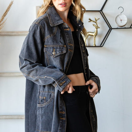 Veveret Button Up Distressed Frayed Hem Denim Jacket