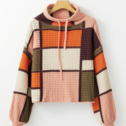 Drawstring Color Block Mock Neck Sweater