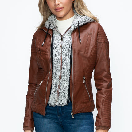 YMI Faux Layered Double-Zipper Jacket with Fuzzy Hood