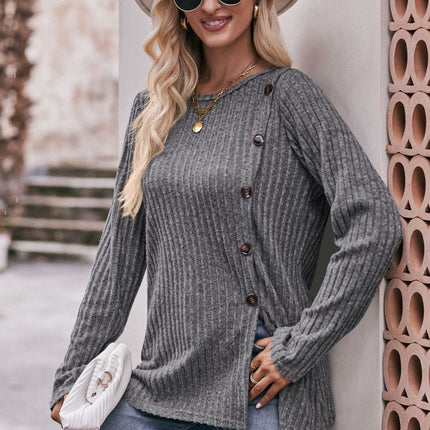 Double Take Ribbed Round Neck Buttoned Tee