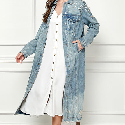 Veveret Full Size Distressed Raw Hem Pearl Detail Button Up Jacket