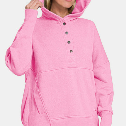 Zenana Half Snap Long Sleeve Hoodie with Kangaroo Pocket