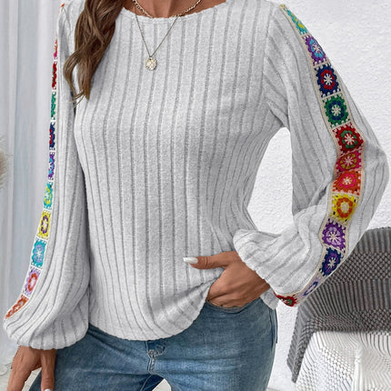 Embroidered Round Neck Long Sleeve Blouse