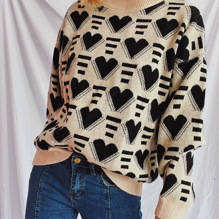 Heart Contrast Long Sleeve Dropped Shoulder Sweater