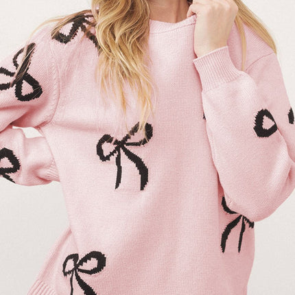 Bow Pattern Round Neck Loose Fit Sweater