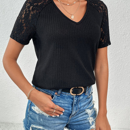 Lace Detail V-Neck Short Sleeve T-Shirt