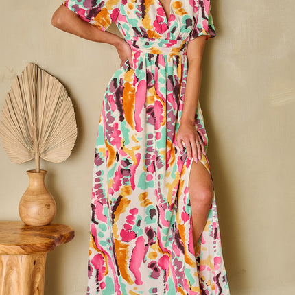 Slit Printed Surplice Short Sleeve Maxi Dress