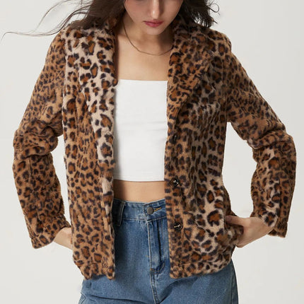 Fuzzy Leopard Collared Neck Jacket