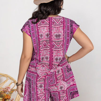 Plus Size Printed V-Neck Cap Sleeve Romper