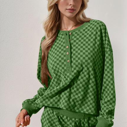 Double Take Checkered Half Button Top and Shorts Set - Vickie Lynn's