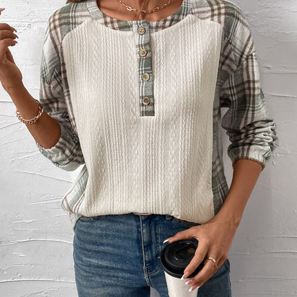 Perfee Plaid Half Button Long Sleeve T-Shirt