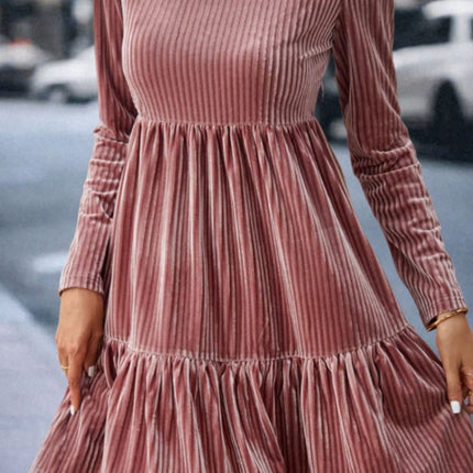 Ruffle Hem Round Neck Long Sleeve Dress