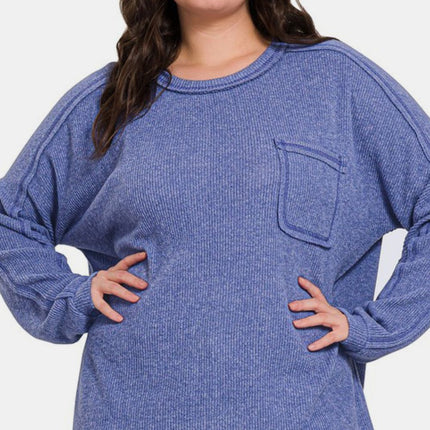 Zenana Full Size Contrast Stitching Brushed Ribbed Hacci Knit Top