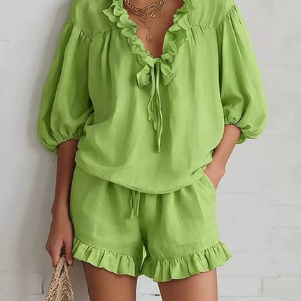 Ruffled V-Neck Blouse and Shorts Set