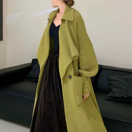 Autumn And Winter New Elegant Belt Knitted Trench Coat For Women
