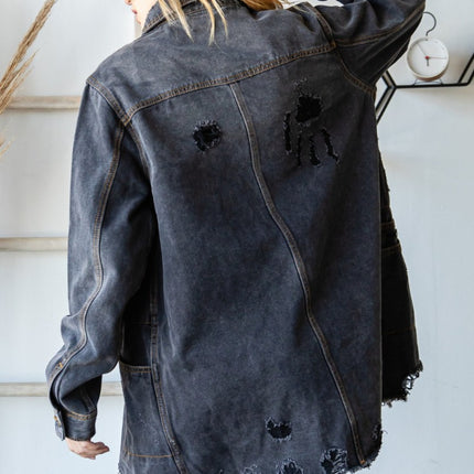 Veveret Button Up Distressed Frayed Hem Denim Jacket