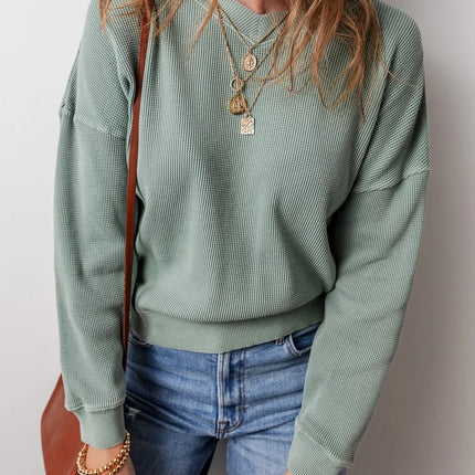 Waffle-Knit Long Sleeve Dropped Shoulder Top - Vickie Lynn's
