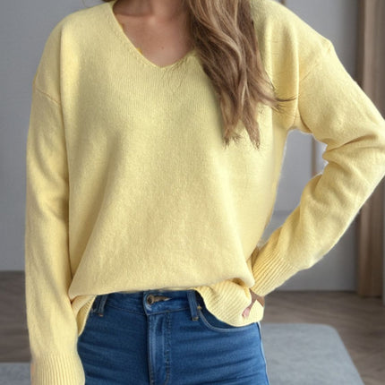 V-Neck Dropped Shoulder Long Sleeve Sweater