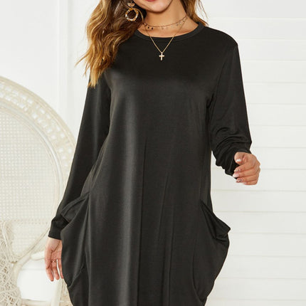 Pocketed Round Neck Long Sleeve Dress