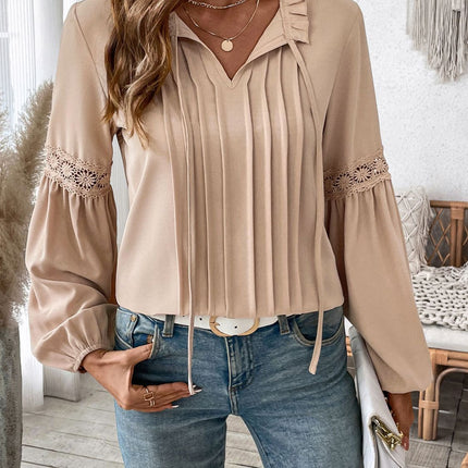 Perfee Frill Tie Neck Long Sleeve Blouse