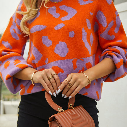 Woven Right Leopard Round Neck Dropped Shoulder Sweater