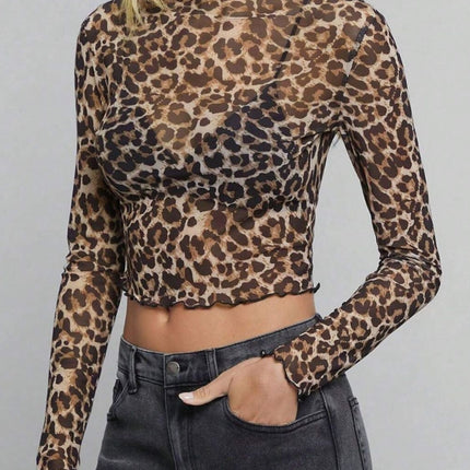 Leopard Mock Neck Long Sleeve Sheer Top