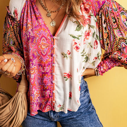 Frill Floral Shirred Cuff Long Sleeve Blouse