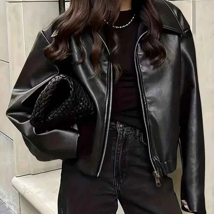 Oversized Faux Leather Zip Up Moto Jacket