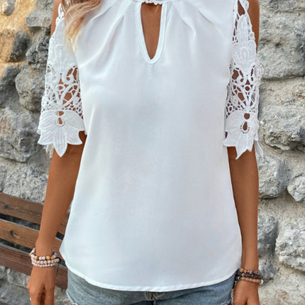 Lace Mock Neck Cold Shoulder Blouse