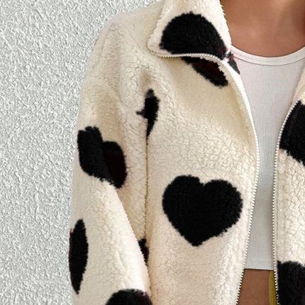 Heart Zip Up Drop Shoulder Furry Jacket