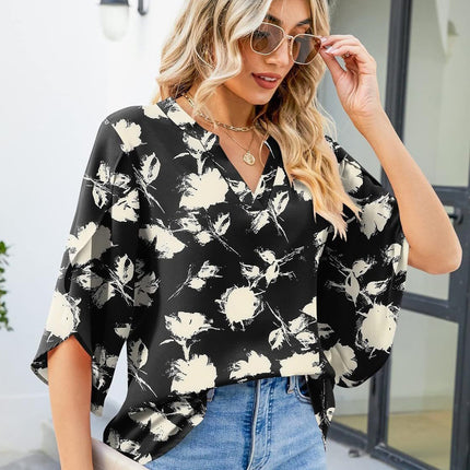 Printed Notched Half Sleeve Blouse