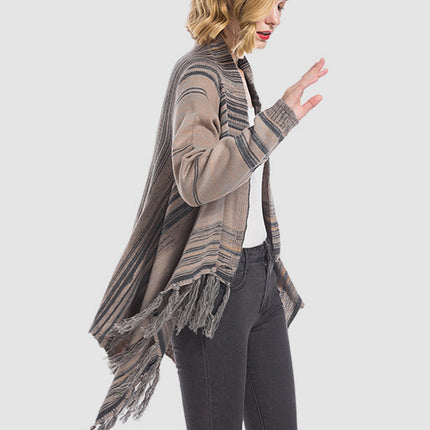 Angel Wings Tassel Striped Open Front Long Sleeve Cardigan