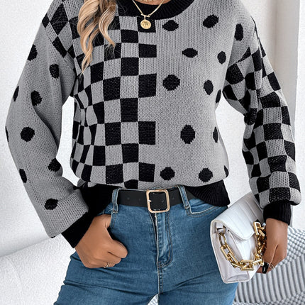 Plaid Round Neck Long Sleeve Sweater