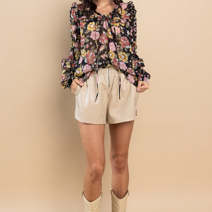 Ces Femme Ruffle Trim Long Sleeve Floral Blouse