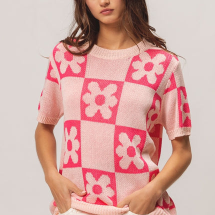 BiBi Flower Checker Pattern Short Sleeve Sweater