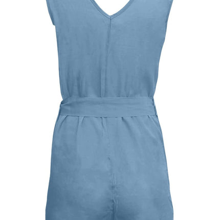 Full Size Tied V-Neck Sleeveless Romper with Pockets