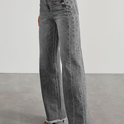 Raw Hem Wide Leg Jeans with Pockets