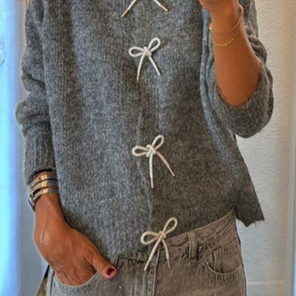 Bow Round Neck Long Sleeve Cardigan